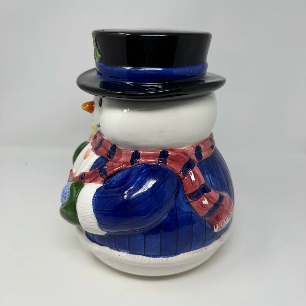 Vintage Ceramic Christmas Snowman with Top Hat and Broom Cookie Jar